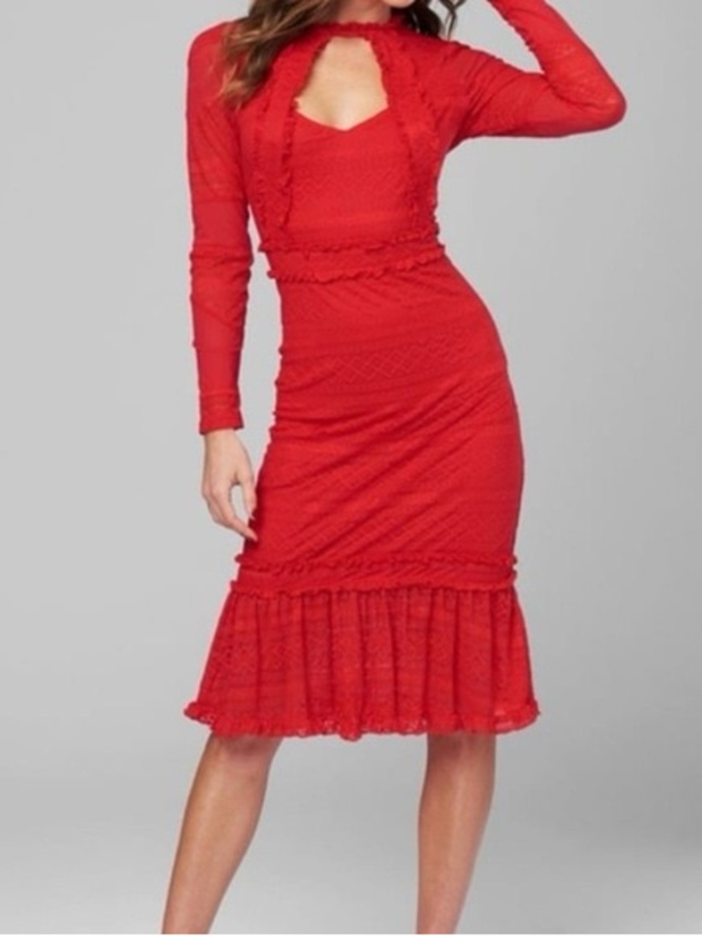 Bebe Elegant Red Lace Midi Dress